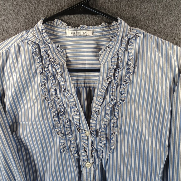 GH Bass Blouse Women Frilled V Neck Button Down Mid Sleeve Striped Blue/White - Picture 2 of 7